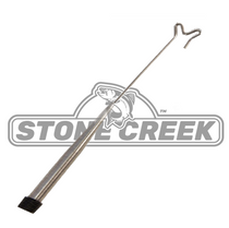 Metal dubbing twister tool with black handle and U-shaped tip
