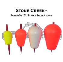 Teardrop fishing strike indicators with pegs, orange, yellow, and white