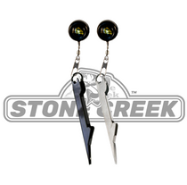 Nail knot tool pair with black and silver metal handles and loop end