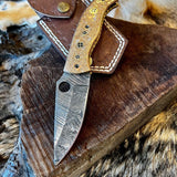 Custom Handmade Damascus Steel Folding Pocket Knife with Hand Engraved Brass Handle
