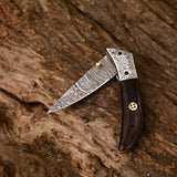 Hand Engraved Custom Damascus Steel EDC Folding Pocket Knife | 3-Inch Blade, Wenge Wood Handle, Leather Case | Anniversary Gift Idea
