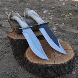 High-Carbon 1095 Forged Steel Bowie Knife - Handmade Deer Horn Guard Handle, Leather Sheath Included