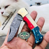 US Texas Flag Folding Pocket Knife with Blue and Red Exotic Wood and Bone Handle, 3 Inches Blade Length and Leather Case