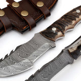 Best Tracker Knife for Sale - Full Tang Damascus Steel Blade, 9.5-Inch- Micarta Sheep Horn Handle, Horizontal Leather Sheath - KBS Knives Store