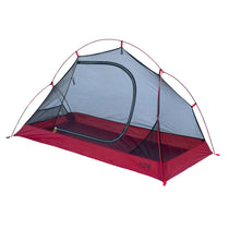 Gray and light blue dome tent with red base, arched black mesh panel and poles