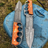 Knuckle Handle Damascus Hunting Camping Knife