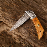 Hand Engraved Custom Damascus Steel EDC Folding Pocket Knife | 3-Inch Blade, Olive Wood Handle, Leather Case | Gift Idea