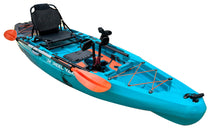 Modular pedal fishing kayak, turquoise hull with orange accents and raised seat