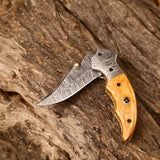 Custom Handmade Damascus Steel EDC Folding Pocket Knife | 3-Inch Blade, Colored Bone Handle, Leather Case | Ideal Gift for Any Occasion by KBS Knives