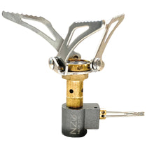 Mini stove with brass burner and black base, folded pot supports and side control lever