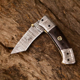 Custom Handmade Damascus Steel Tanto Blade EDC Folding Pocket Knife | 3-Inch Blade, Wenge Wood Handle, Leather Case | Groomsman Gift