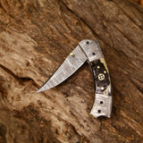 Best Custom Handmade Damascus Steel EDC Folding Pocket Knife | 3-Inch Blade, Sheep Horn Handle, Leather Case | Ideal Gift for Any Occasion by KBS Knives