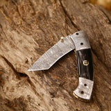 New Custom Handmade Damascus Steel Tanto Blade EDC Folding Pocket Knife | 3-Inch Blade, Buffalo Horn Handle, Leather Case | Perfect Gift by KBS Knives