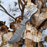 Damascus Steel Handmade Tom Brown Tracker Knife with Color Bone and Damascus Bolster Handle - 12 Inches Overall Length