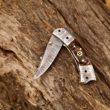 Custom Handmade Damascus Steel EDC Folding Pocket Knife – 3-Inch Blade, Sheep Horn Handle, Leather Case – Perfect Wedding Gift by KBS Knives