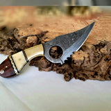 Damascus Steel Handmade Finger Hole Skinning Knife with Bone-Rose Wood and Brass Bolster Handle, Serrated Edge
