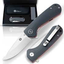 Gray folding pocket knife set with open blade and closed companion in white gift box