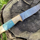 Handcrafted Damascus Hunting Knife with Olive Wood and Resin Handle by KBS Knives Store