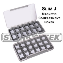 Slim J magnetic fly box with clear lid and grid compartments for flies