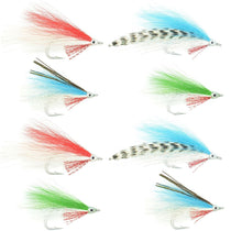 Assorted feather fly lures in red, blue, green, and spotted patterns with hooks