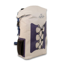 Beige dry bag backpack with purple panel and bungee-style front cord loops