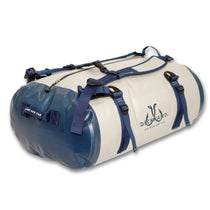 White and blue dry duffle bag, rounded ends with side carry straps and buckles