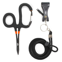 Black knot-tying nippers with orange grips, lanyard and coiled cord set