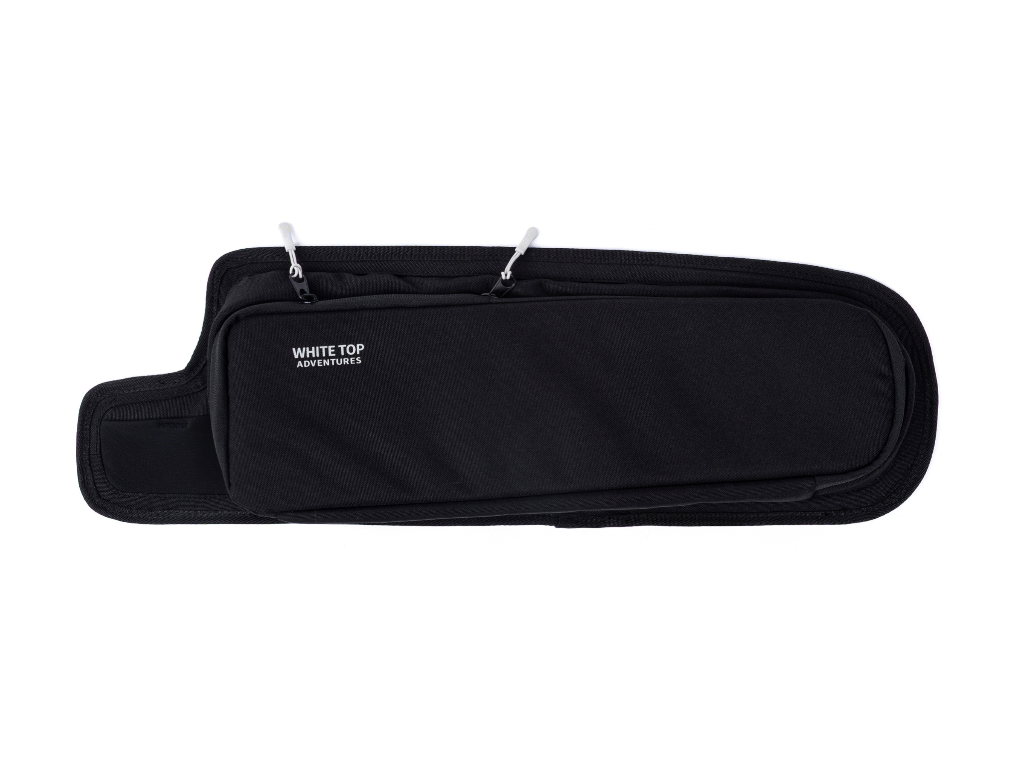 Black fabric upper rear door storage panel with zippered pocket and hanging straps