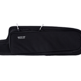 Black fabric upper rear door storage panel with zippered pocket and hanging straps