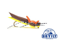 Fishing hopper lure with brown wings, yellow accents, orange body, foam legs