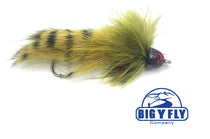 Sculpzilla fishing lure with olive green feathers, black spots, red eye, curved hook.