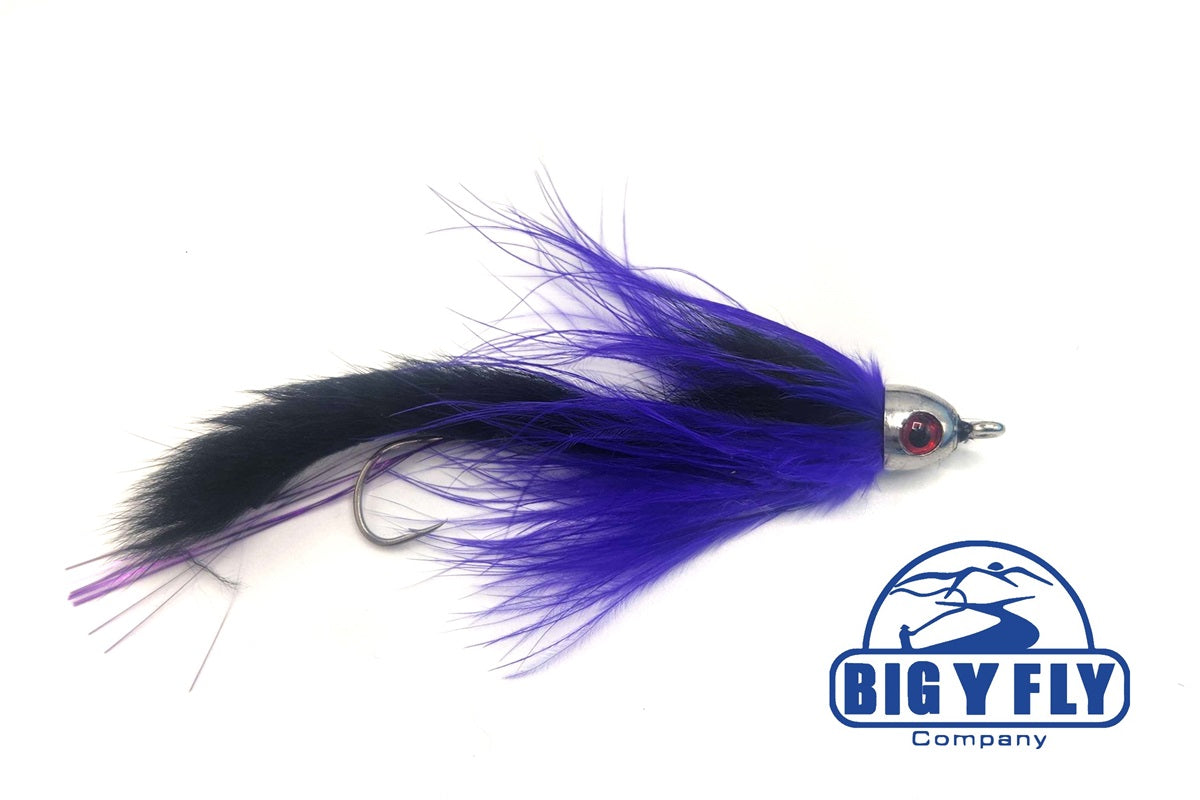 Blue-purple marabou fishing lure with black accents, red bead eye and hook