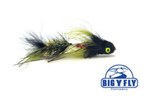 Feather fishing lure with black body, lime green and red accents, round eye.