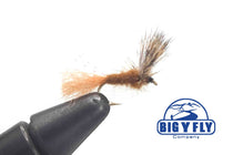 Sparkle dun dry fly with tan body and brown feather wing; black hook