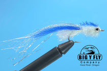 Blue and white feather minnow fly lure with black hook and Big Y Fly Company