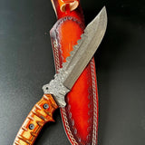 Custom Handmade Damascus Steel Fighter Bowie Knife with Exotic Wood Handle and Leather Sheath
