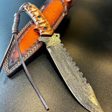 Custom Handmade Damascus Steel Fighter Bowie Knife with Exotic Wood Handle and Leather Sheath