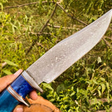 14-Inch Raindrops Damascus Steel Hunting Bowie Knife | Custom Handcrafted with Colored Bone Handle & Leather Sheath | KBS Knives