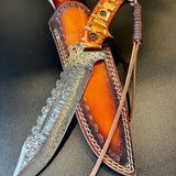 Custom Handmade Damascus Steel Fighter Bowie Knife with Exotic Wood Handle and Leather Sheath
