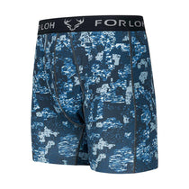 Blue digital camo boxer briefs with dark FORLOH waistband and black side seams.