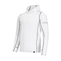 Hooded long-sleeve shirt in white with contrast seam piping and front hood