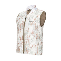 White patterned sleeveless vest with full-zip front and high-loft quilting, tan lining