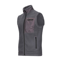 Men's gray fleece vest with full-zip front, stand collar, and zip chest pocket