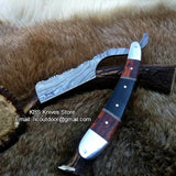 Luxury Antique Razor with Damascus Steel Blade and Buffalo Horn-Rosewood, Brass Bolsters Handle - Includes Leather Case - Available Exclusively at KBS Knives Store