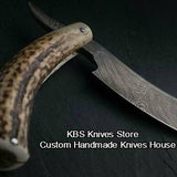 Professional Barber Straight Razor with Damascus Steel Blade and Elk Antler Horn Handle - Includes Leather Case - Available Exclusively at KBS Knives Store
