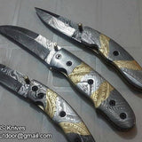 Everyday Carry Set of 3 Hand Engraved Damascus Steel Folding Pocket Knives with Steel and Brass Handles – The TriGuard Collection
