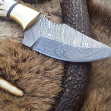 Custom Damascus Steel Field Dressing Deer Skinny Knife – 7.25 Inch Drop Point Blade with Antler Horn Handle and Brass Bolster