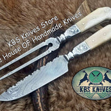 Custom Handmade Damascus Blade Fork And BBQ Knife Set