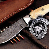 Custom Handmade Raindrop Damascus Large Skinning Hunter Deer Bone Knife