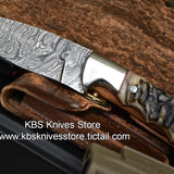 Custom-Handmade-Damascus Steel Sheep Horn Hunting/Skinning Knife